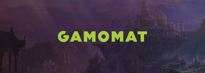 Gamomat Logo vor lila Hintergrund