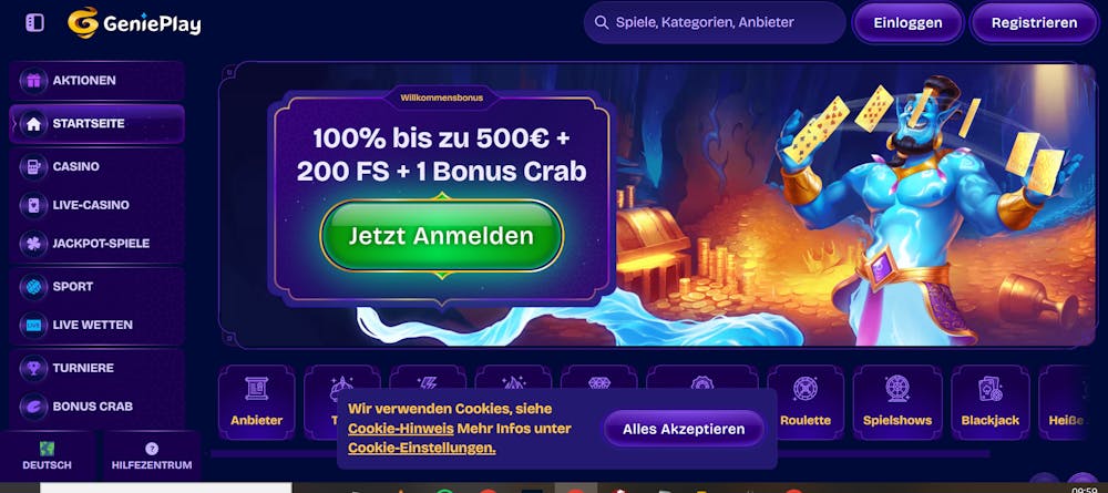 Die Homepage bei Genieplay Casino. Links eine Beschreibung über den Willkommensbonus von 100% bis zu 500 €, + 200 Freispiele