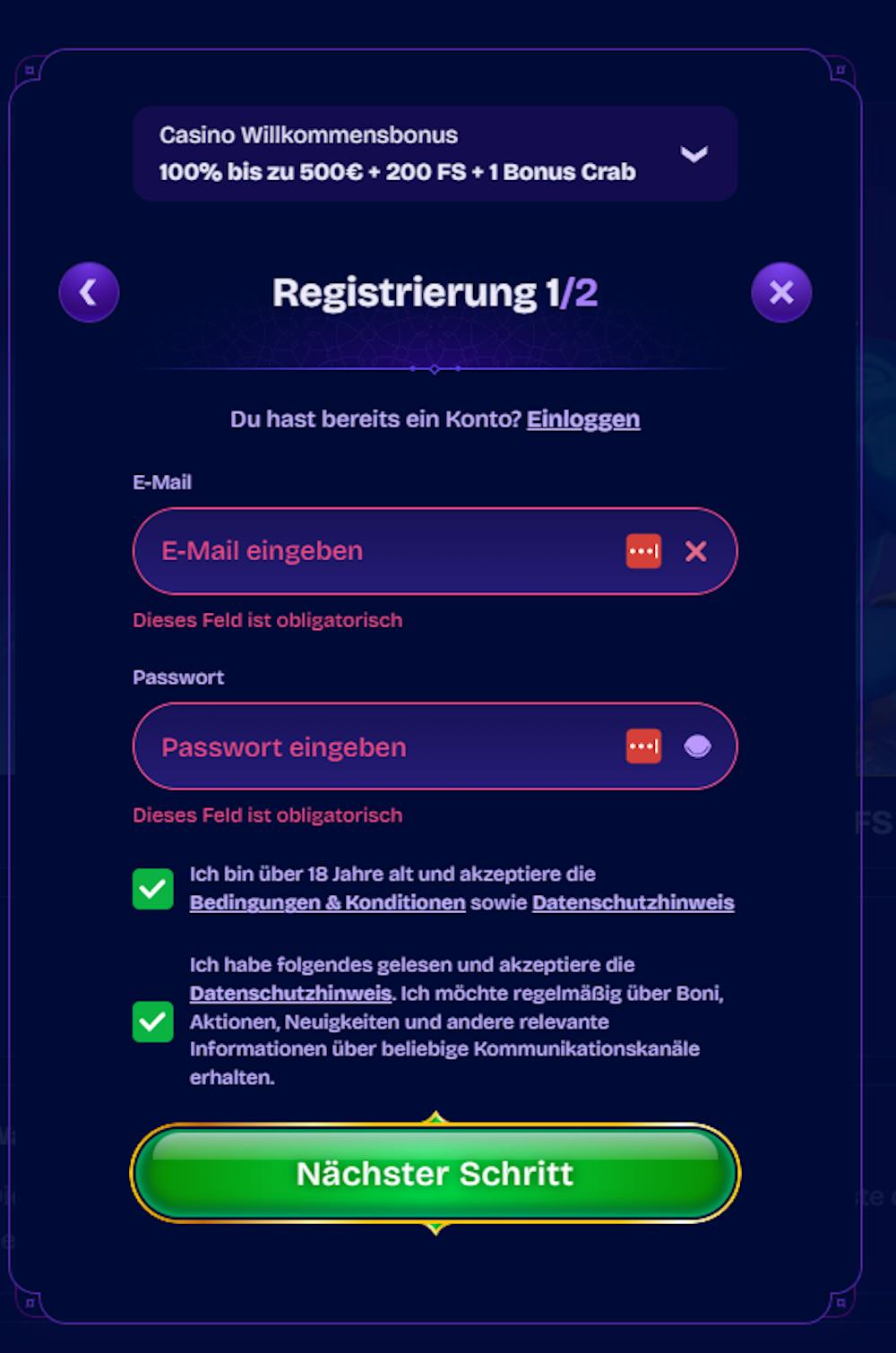 Das Registrierungsformular bei Genieplay Casino