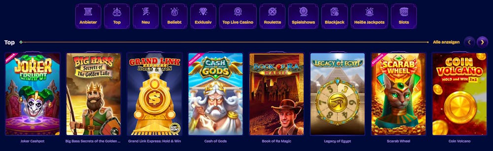 Eine Ansicht über verschiedene Slots bei Genieplay Casino, mit Titeln wie Joker Jackpot und Coin Volcano 