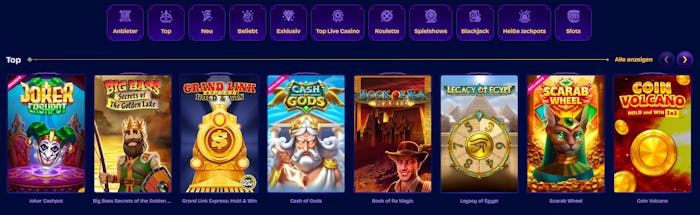Eine Ansicht über verschiedene Slots bei Genieplay Casino, mit Titeln wie Joker Jackpot und Coin Volcano 