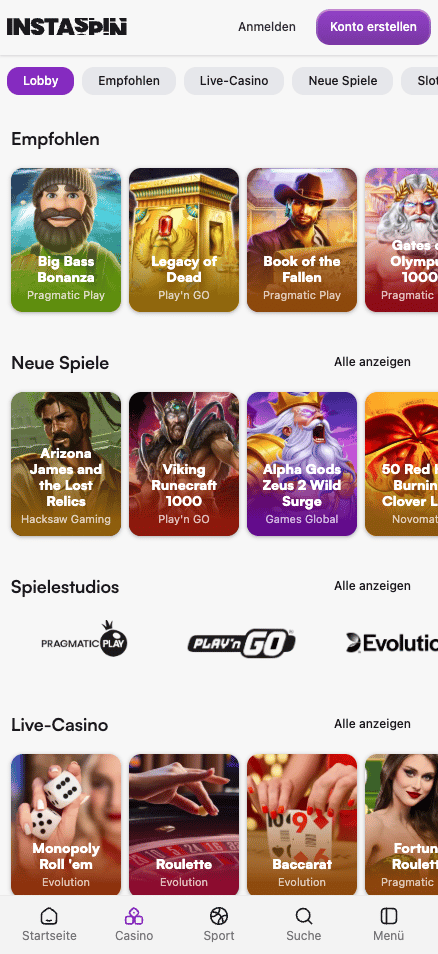 Spiellobby im Instaspin Casino zeigt empfohlene Spiele wie Big Bass Bonanza