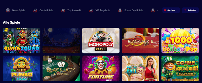 Spiellobby im Gladiatorsbet Casino zeigt Spiele wie Monopoly Live neben anderen Spielkategorien