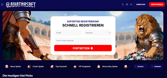 Startseite im Gladiatorsbet Casino zeigt Anmeldeformular und Spielkategorien