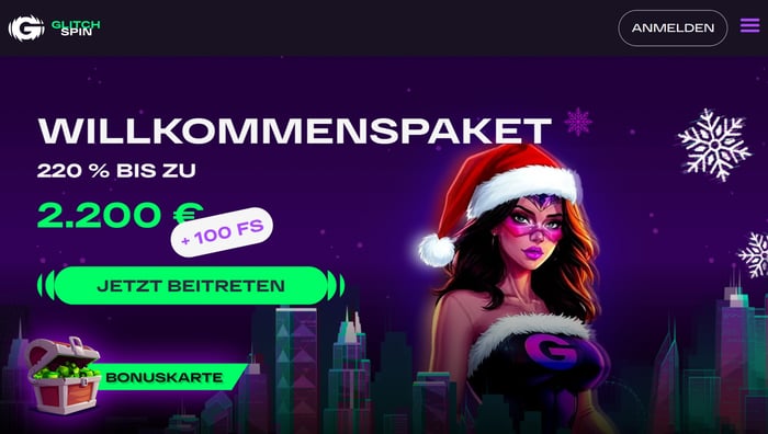 Startseite im Glitchspin Casino zeigt Willkommenspaket