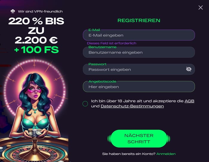 Anmeldeformular im Glitchspin Casino
