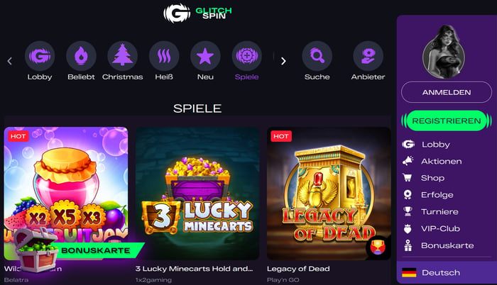 Spiellobby im Glitchspin Casino zeigt Spiele wie Legacy of Dead neben anderen Spielkategorien