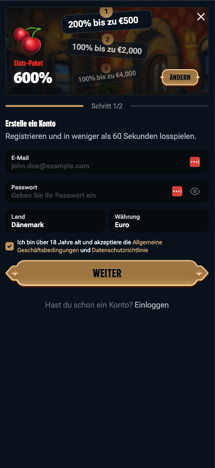 Anmeldeformular im Kingdom Casino