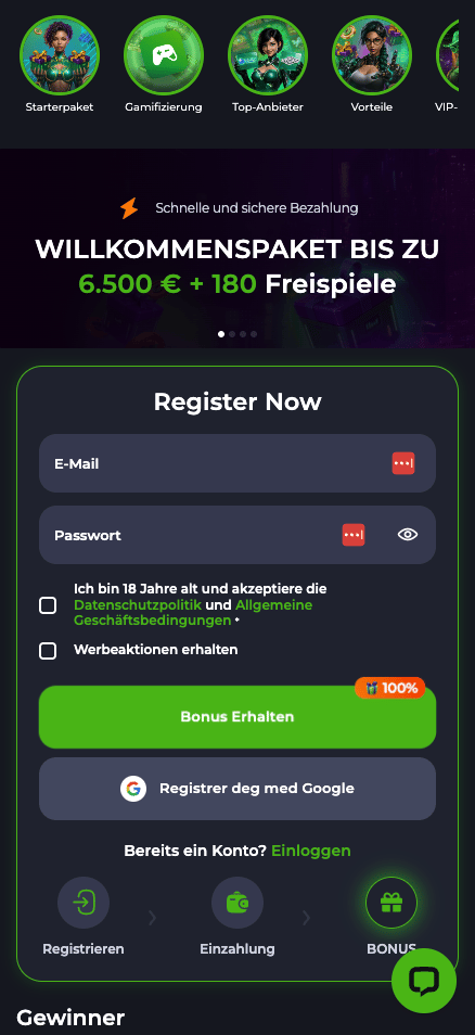 Startseite im JeetCity Casino zeigt Willkommenspaket und Anmeldung