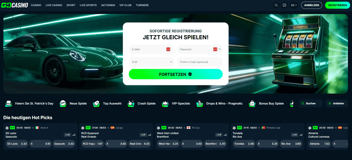 Go4Casino Screenshot, welcher die Startseite mit dem Willkommensbonus des Casinos anzeigt.