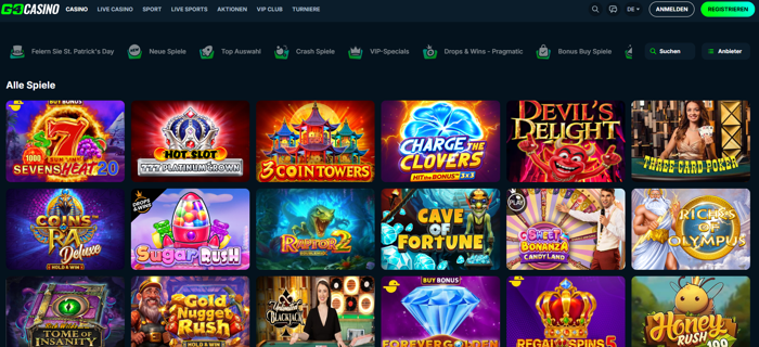 Go4Casino Screenshot mit der Spieleseite und den Slots des Casinos.
