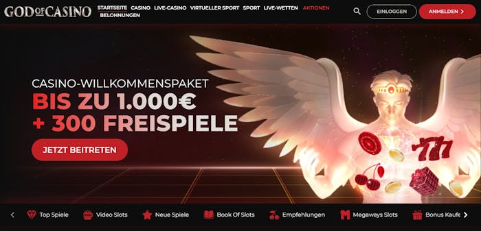 God of Casino Screenshot mit dem Willkommensbonus bis zu 1.000 € und 300 Freispiele.