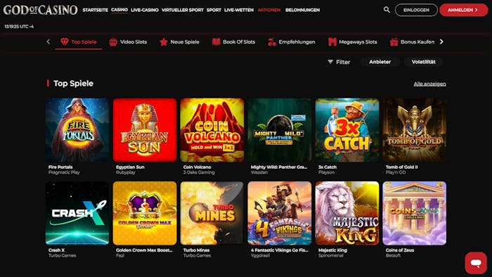 God of Casino Screenshot mit der Spieleauswahl, darunter der Slot Coins of Zeus.