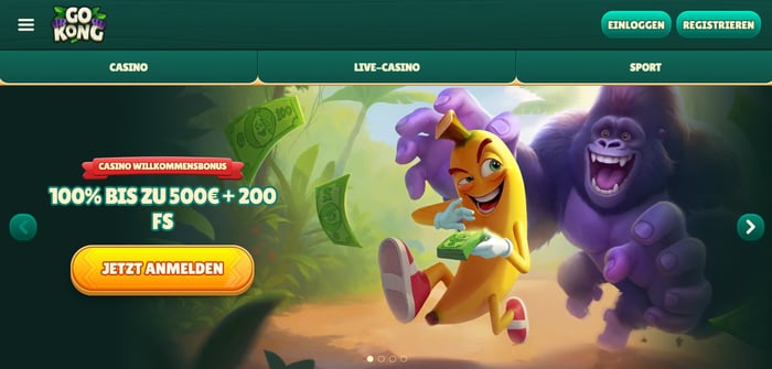 Go Kong Casino Screenshot mit dem Willkommensbonus auf der Startseite,