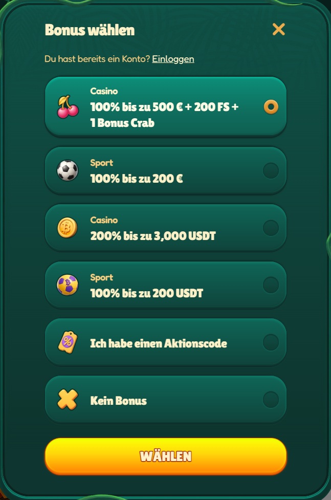 Go Kong Casino Screenshot, mit der Seite zur Auswahl der Bonus Angebote.