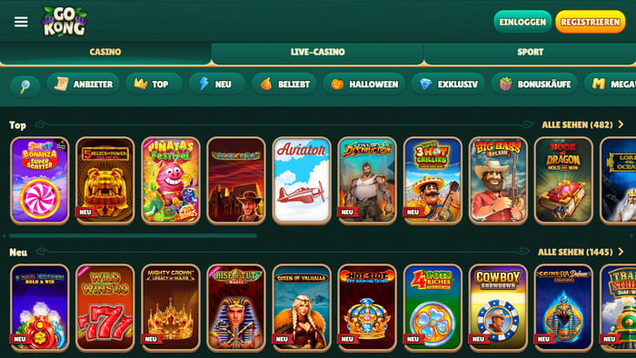 Go Kong Casino Screenshot mit der Auswahl der Slots auf der Spielseite.