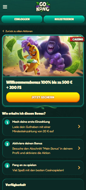 Go Kong Screenshot mit dem Willkommensbonus.