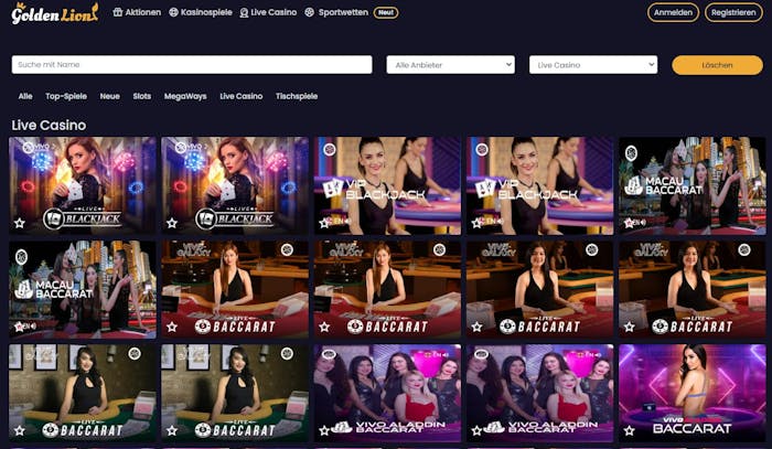 Live Casino Spiellobby im CASHlib Casino Goldenlionbet