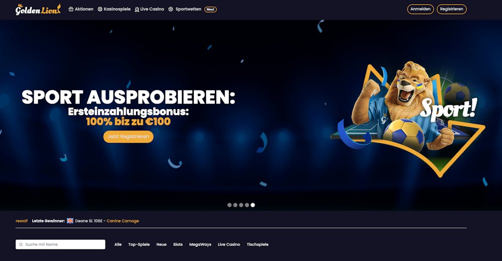 Startseite im Goldenlionbet Casino zeigt Sportwillkommensbonus neben Menü