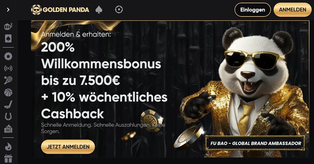 Startseite des Golden Panda Casinos zeigt 200 Prozent Willkommensbonus bis zu 7.500 Euro und wöchentliches Cashback