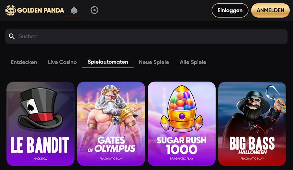 Spiellobby im Golden Panda Casino zeigt Spielautomaten wie Gates of Olympus neben Suchoption und anderen Kategorien