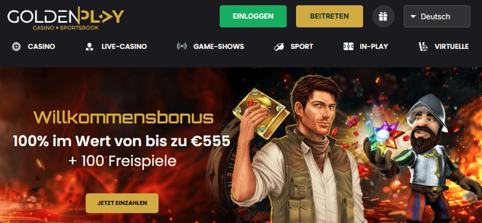 Goldenplay Casino Screenshot mit dem Casino Bonus mit 10 Euro Einzahlung, für welchen es hier 555 € und 100 Freispiele gibt.