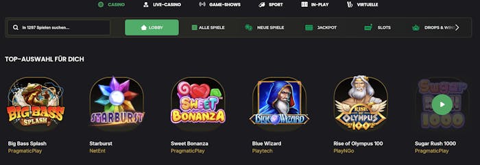 Spiellobby im Goldenplay Casino zeigt top Slots wie Starburst neben anderen Spielkategorien
