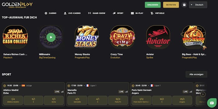 Startseite im Goldenplay Casino zeigt top Slots und Sportwetten 