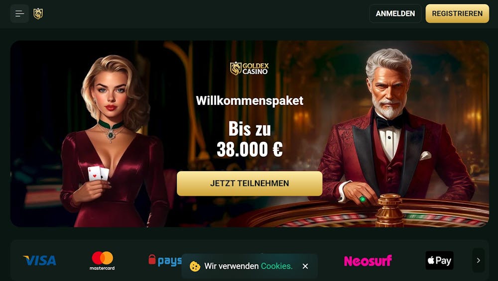 Screenshot vom Goldex Casino mit dem Willkommensangebot bis 38.000 €.