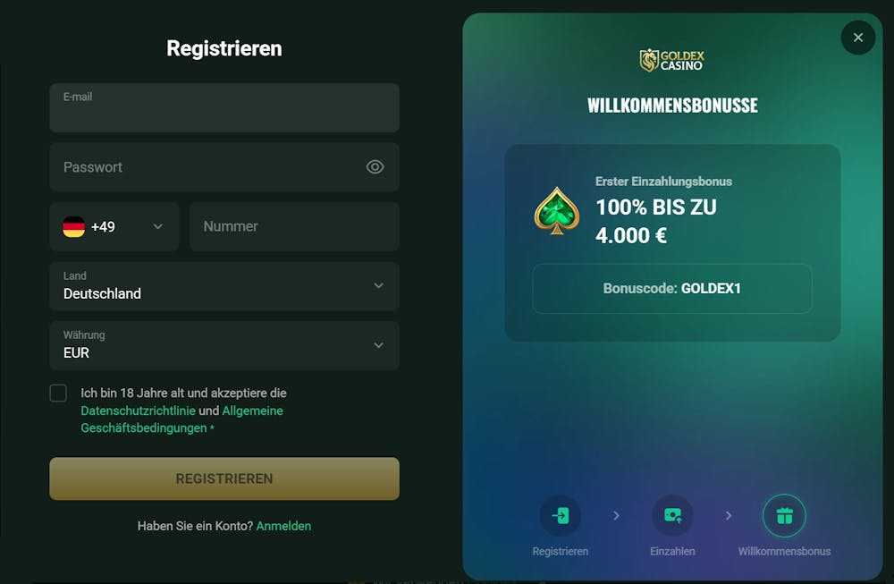 Goldex Casino Screenshot mit der Anmeldeseite zum Eingeben der Daten, um sich in das Casino Konto einzuloggen btw. sich anzumelden.