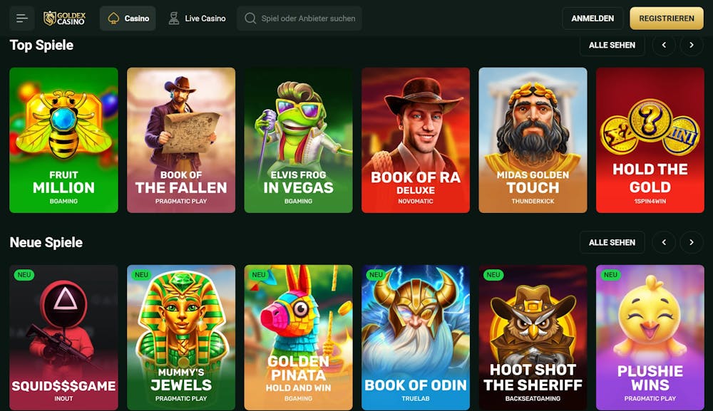 Goldex Casino Screenshot mit der Slot Auswahl, darunter der Slot Book of Ra.