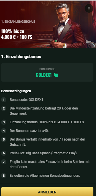100 Prozent Bonus bis zu 4.000 € im Goldex Casino