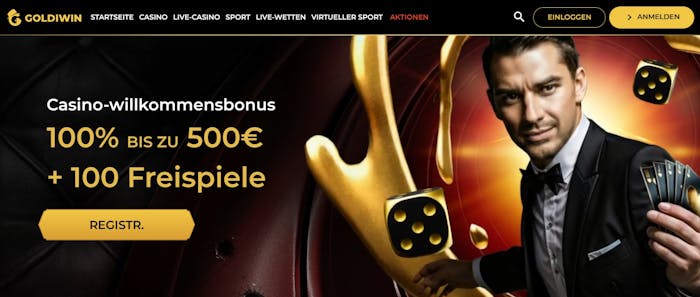 Goldiwin Casino Screenshot mit dem WIllkommensangebot welches derzeit 500 € und 100 Freispiele umfasst.