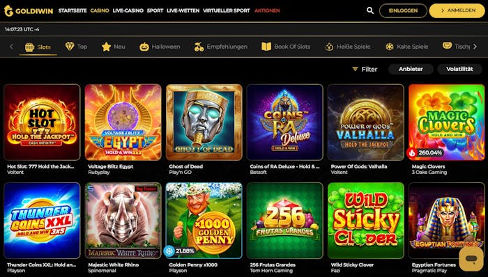 Goldiwin Casino Screenshot mit der Slot Seite.