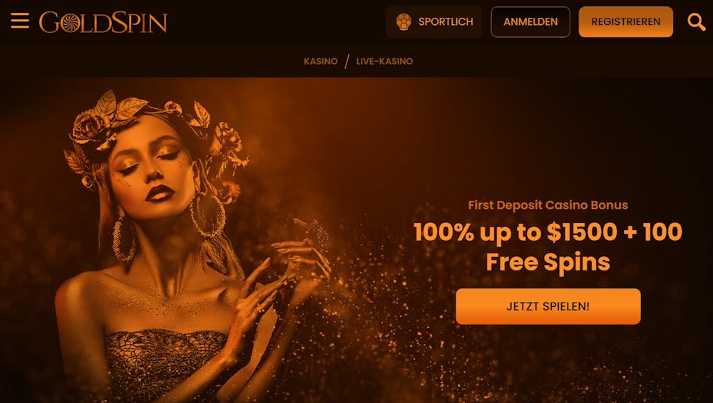 Startseite des Goldspin Casinos zeigt Willkommensbonus, Suchfunktion und Anmeldeoption