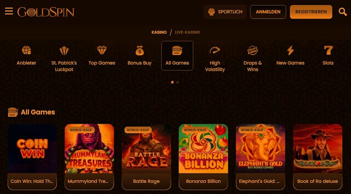 Casino Lobby im Goldspin Casino zeigt Spiele wie Bonanza Billion neben anderen Casino Kategorien