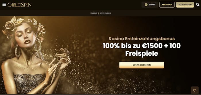 Die Homepage des Goldspin Casinos mit schneller Auszahlung
