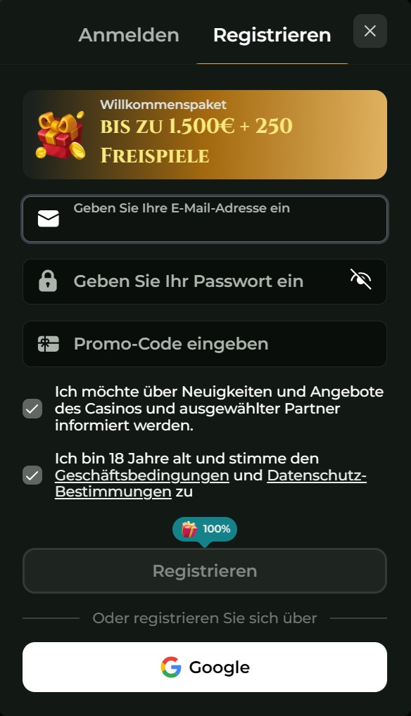 Goldzino Casino Screenshot mit der Anmeldeseite zur Eingebe der Daten.