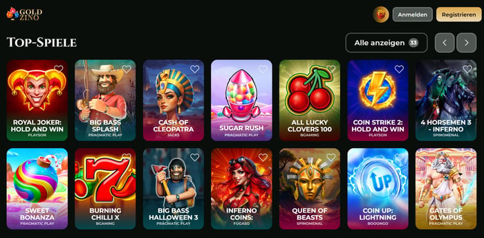 Goldzino Casino Screenshot mit der Spieleseite und der Slot Auswahl.