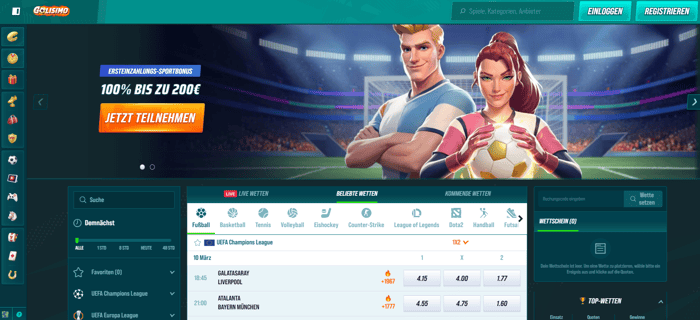 Golisimo Casino Screenshot, welcher die Startseite anzeigt, auf der man den Willkommensbonus sieht.