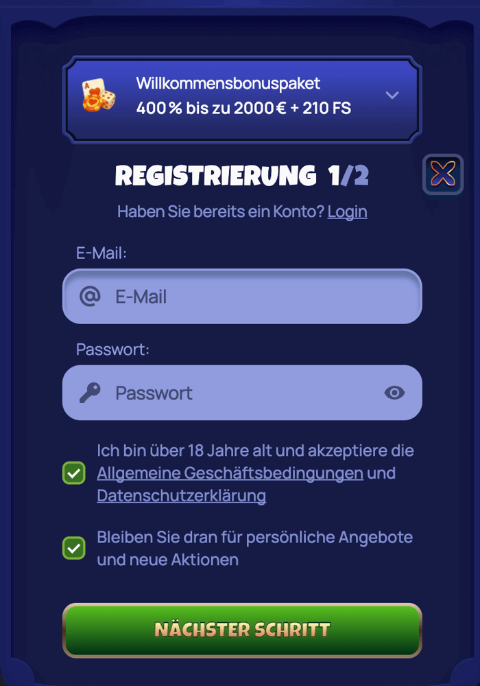 Anmeldeformular im Golobet Casino