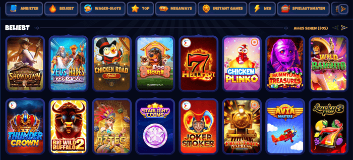 Spiellobby im Golobet Casino zeigt beliebte Spiele wie Thunder Crown neben anderen Spielkategorien