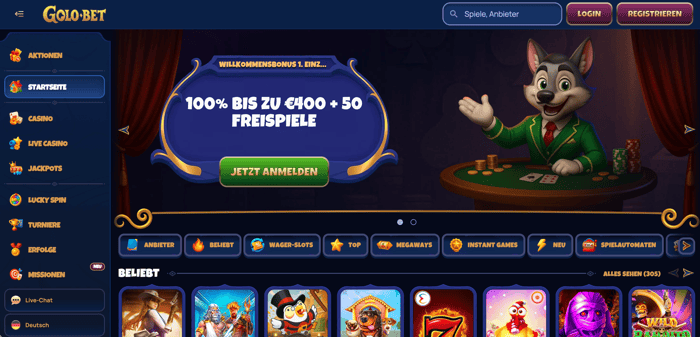 Startseite im Golobet Casino zeigt Willkommensbonus, Menübereiche und beliebte Spiele