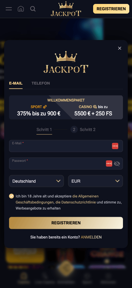 Anmeldeformular im JackPot Casino