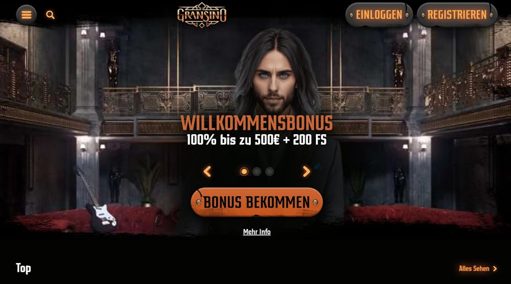 Die Homepage von Gransino Casino mit einer Beschreibung über den Willkommensbonus von 100% bis zu 500 € + 200 FS