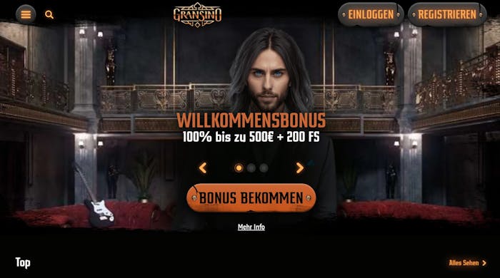Die Homepage von Gransino Casino mit einer Beschreibung über den Willkommensbonus von 100% bis zu 500 € + 200 FS