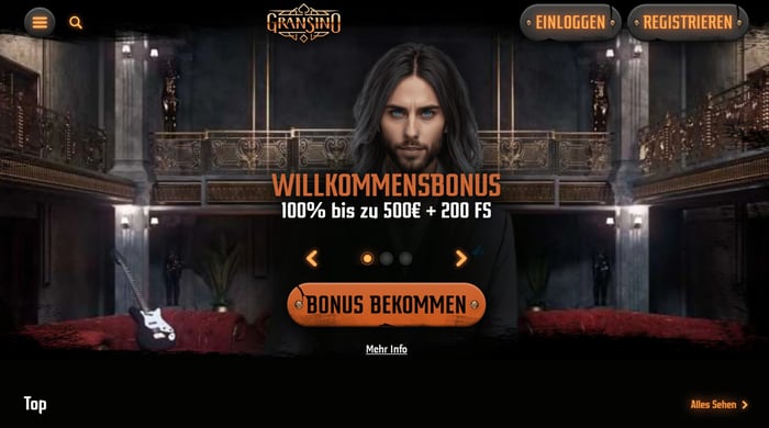 Die Homepage von Gransino Casino mit einer Beschreibung über den Willkommensbonus von 100% bis zu 500 € + 200 FS