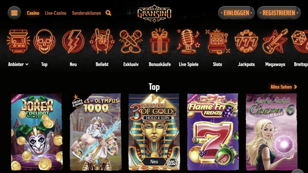 Die Spielauswahl bei Gransino Casino mit vielen verschiedenen Titeln wie Joker Cashpot und Lucky Charm Deluxe 6 