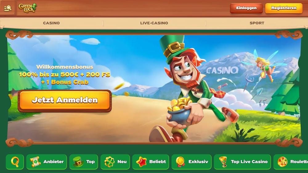 Die Homepage von Green Luck Casino, im Hintergrund sehen wir einen Kobold, daneben eine Beschreibung über den Willkommensbonus 100% bis zu 500 € + 200 FS  + 1 Bonus Crab