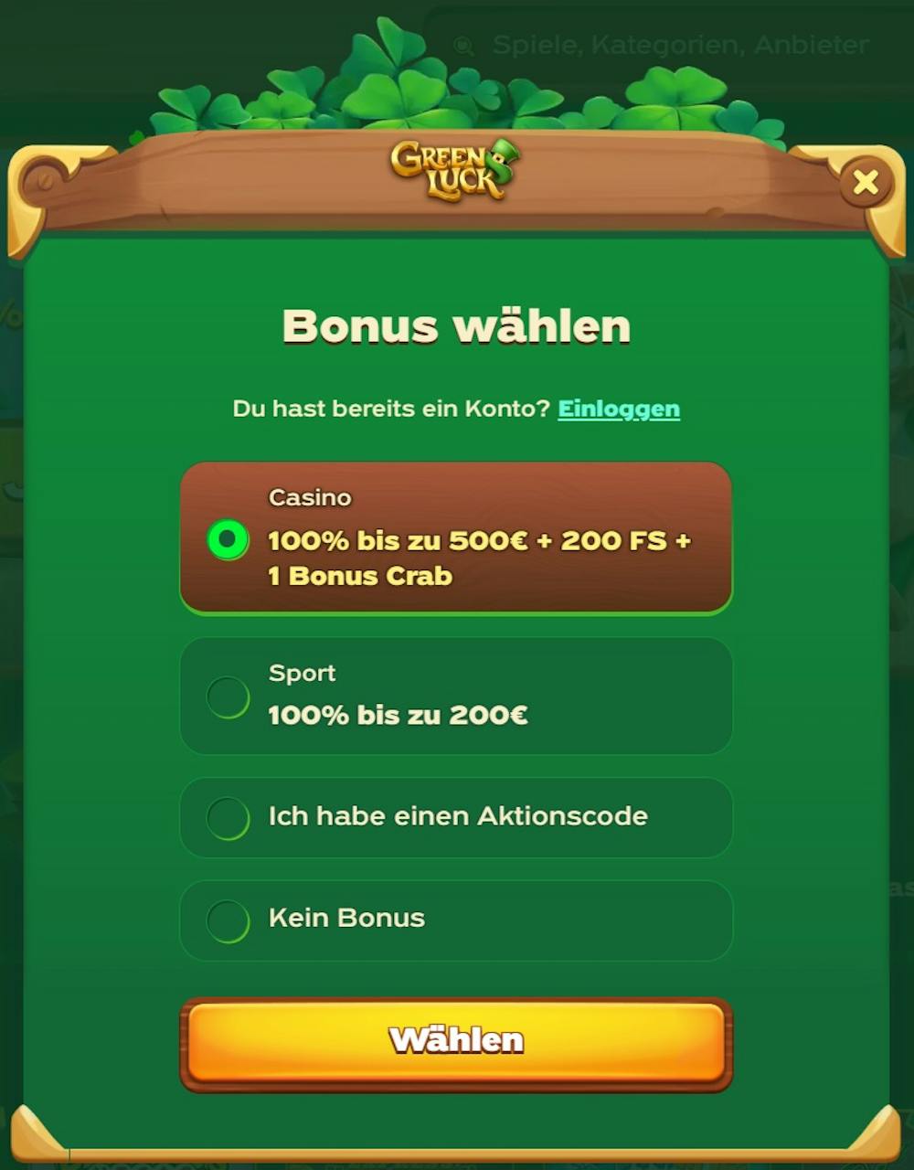 Die Registriermaske bei Green Luck Casino